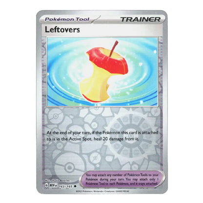 A single Pokémon trading card titled "Leftovers" from the Tool series, featuring a red apple core floating in blue water on a silver card face with printed rules text and a purple attachment box.