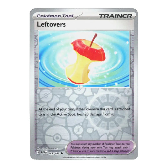 A single Pokémon trading card titled "Leftovers" from the Tool series, featuring a red apple core floating in blue water on a silver card face with printed rules text and a purple attachment box.