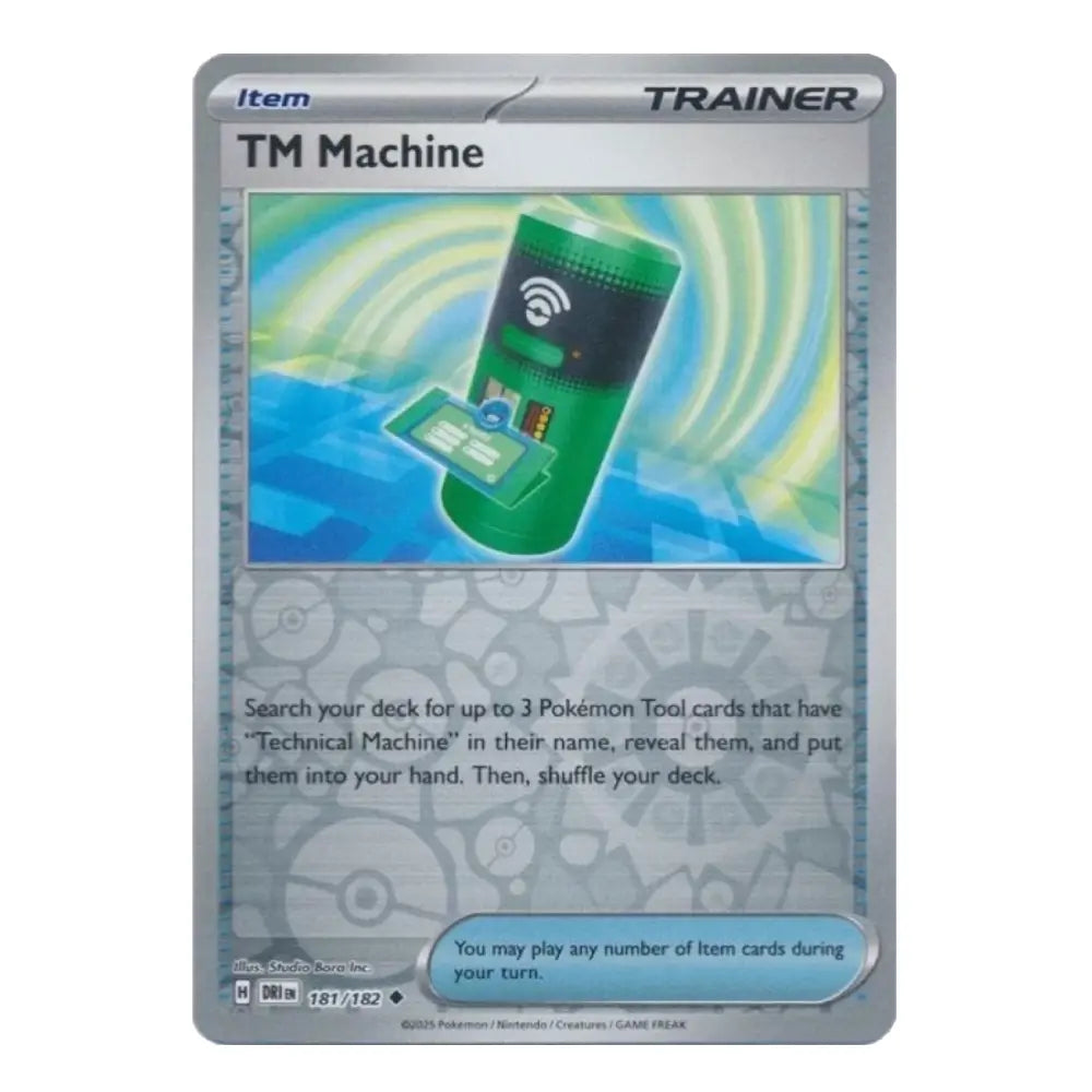 A Pokémon Trading Card Game card for TM Machine, a Silver Templer Item Trainer card. The card features a metallic silver border, a central illustration of a green and black TM machine emitting waves, and rules text at the bottom.
