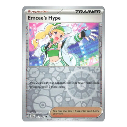 A Pokémon Trading Card Game card titled "Emcee's Hype" featuring a silver holographic border, a colorful illustration of a blonde female performer in green and white, and card text at the bottom.