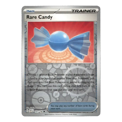 A single Pokémon trading card titled "Rare Candy" shown against a plain white background. The card has a silver border, a blue candy illustration, and Pokémon branding at the top.