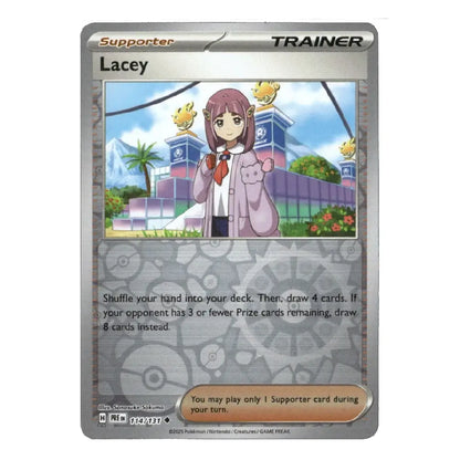 A Pokémon trading card featuring the character Lacey from The Legend of Zelda, with a silver-gray border and printed artwork of a girl in a pink outfit surrounded by yellow birds.