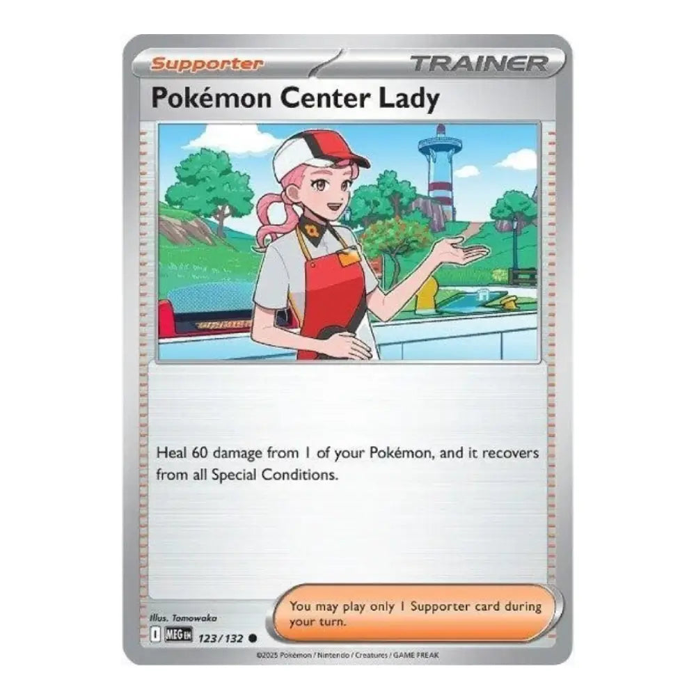 A Pokémon Center Lady Supporter trading card from the Scarlet & Violet expansion, featuring an illustration of the character in a red and white cap and red apron.