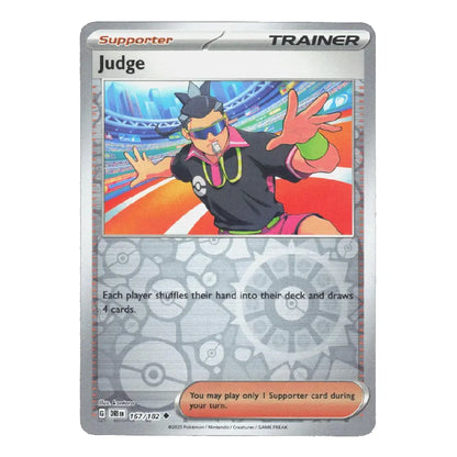 A single Pokémon trading card featuring the Judge character, with a silver border and colorful artwork of a character in a stadium. The card is labeled Supporter and Trainer.