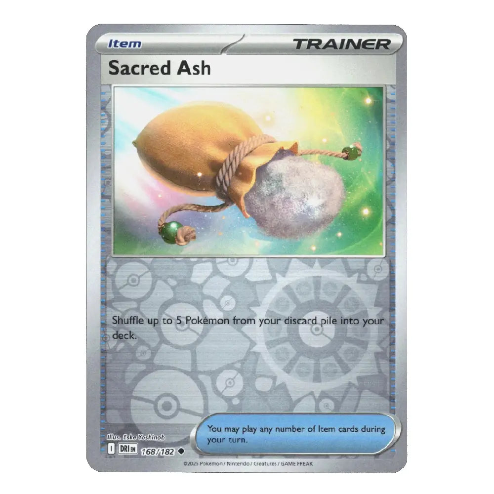 A single Pokémon trading card for the Sacred Ash item, shown front-facing on a plain white background. The card has a silver-gray border, the text 'Sacred Ash' at the top, artwork of a glowing sack and orb in the center, and game text and a blue action text box near the bottom.