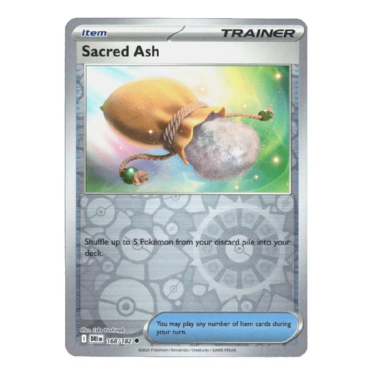A single Pokémon trading card for the Sacred Ash item, shown front-facing on a plain white background. The card has a silver-gray border, the text 'Sacred Ash' at the top, artwork of a glowing sack and orb in the center, and game text and a blue action text box near the bottom.