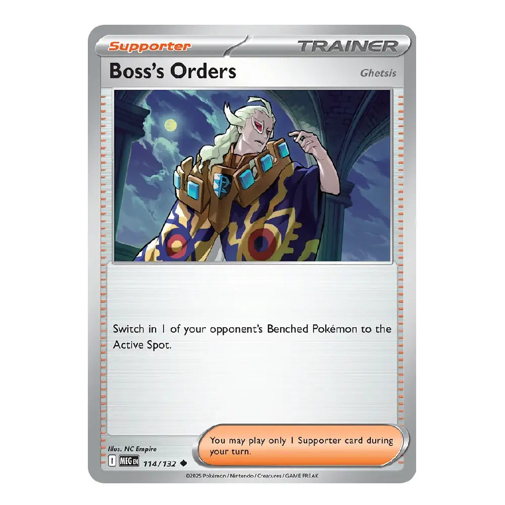 A single Pokémon trading card, Boss's Orders, from the Ghoulish expansion. The card features a silver border, a central illustration of a ghoul-like character in a dark robe, and an orange 'Supporter' label at the top.