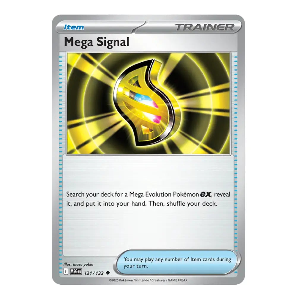 A single Pokémon trading card titled "Mega Signal" shown on a plain white background. The card has a silver border, a yellow and black graphic in the center, and text describing an effect.