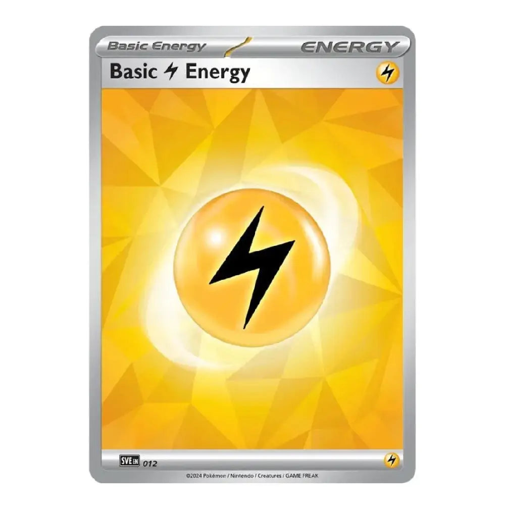 A single Pokémon trading card labeled 'Basic Energy' with a yellow and gold geometric design and a black lightning bolt symbol in the center, shown on a plain white background.