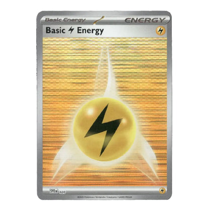 A single Pokémon trading card for Basic Energy, featuring a metallic gold and orange striped design with a central yellow lightning-bolt orb and silver border.