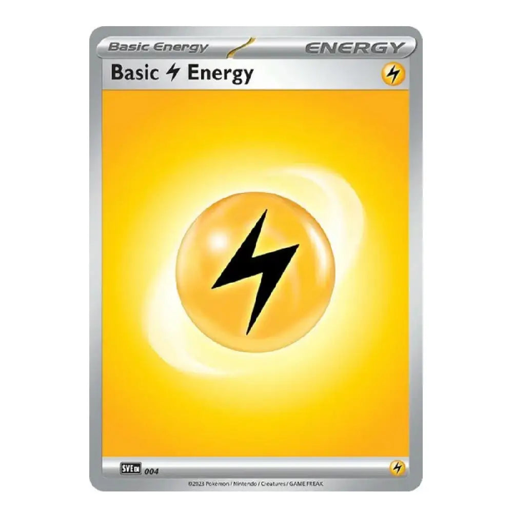 A Pokémon TCG card titled 'Basic Energy' with a bright yellow and orange gradient background, a central yellow orb icon with a black lightning bolt, and silver card borders.