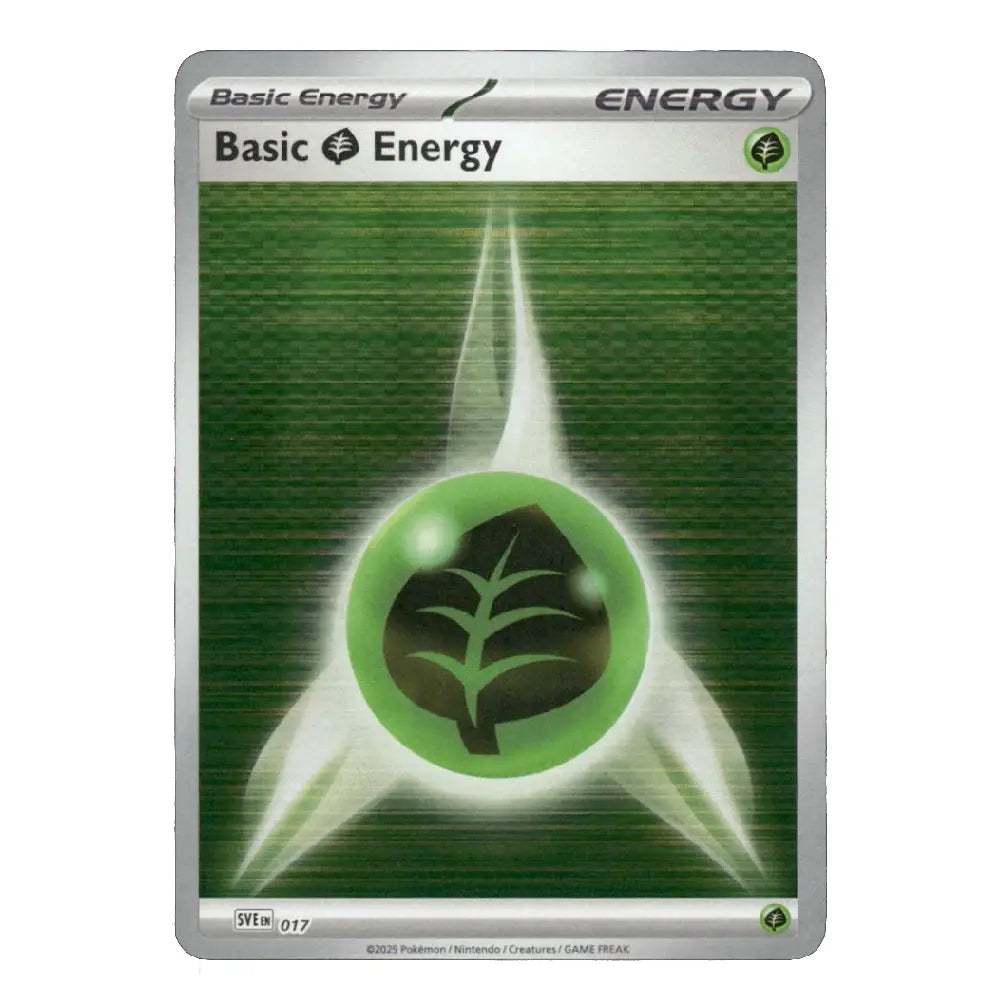 A single Pokémon trading card titled "Basic Energy" with a green and silver design, featuring a glowing green energy orb with a leaf symbol in the center, shown on a plain white background.