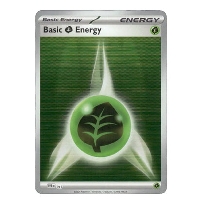 A single Pokémon trading card titled "Basic Energy" with a green and silver design, featuring a glowing green energy orb with a leaf symbol in the center, shown on a plain white background.