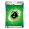 A single trading card titled "Basic Energy" with a green geometric design, a glowing green orb containing a black leaf symbol, and silver borders at the top and bottom.