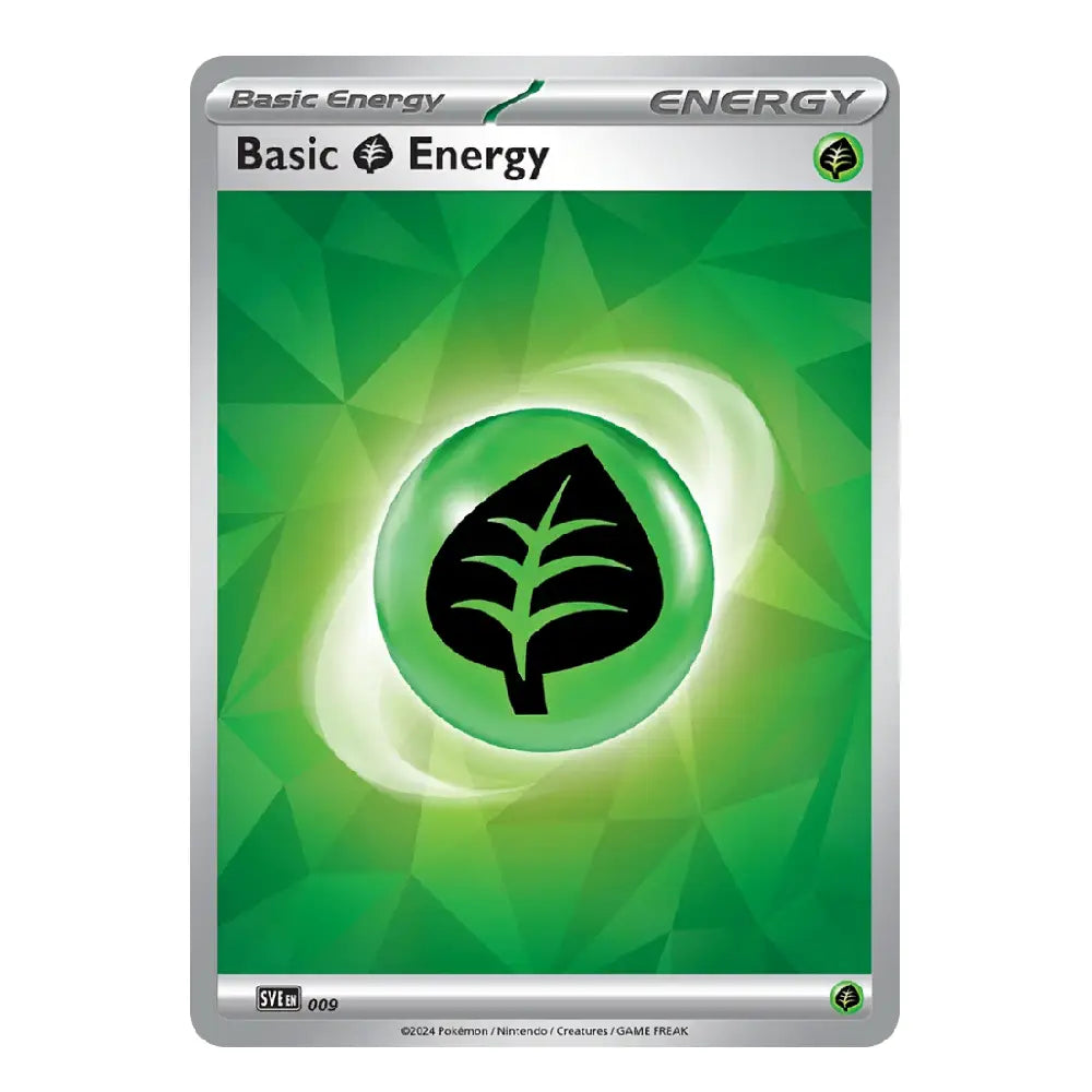 A single trading card titled "Basic Energy" with a green geometric design, a glowing green orb containing a black leaf symbol, and silver borders at the top and bottom.