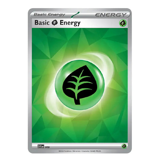 A single trading card titled "Basic Energy" with a green geometric design, a glowing green orb containing a black leaf symbol, and silver borders at the top and bottom.