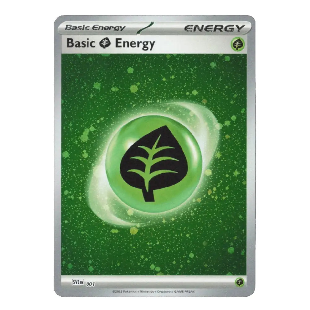 A single Pokémon trading card titled "Basic Energy" with a green sparkly background, a glowing green orb icon in the center, and a silver border. Visible text includes "Basic Energy" at the top and "9010 007" at the bottom.