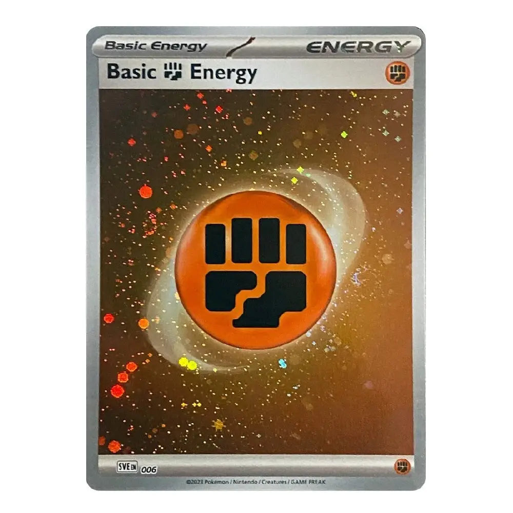 A Pokémon TCG trading card featuring the 'Basic Energy' symbol, with an orange circular fist icon on a brown, starry cosmic background. The card has a silver border and is shown on a plain white background.
