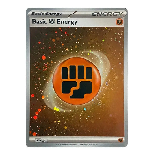A Pokémon TCG trading card featuring the 'Basic Energy' symbol, with an orange circular fist icon on a brown, starry cosmic background. The card has a silver border and is shown on a plain white background.