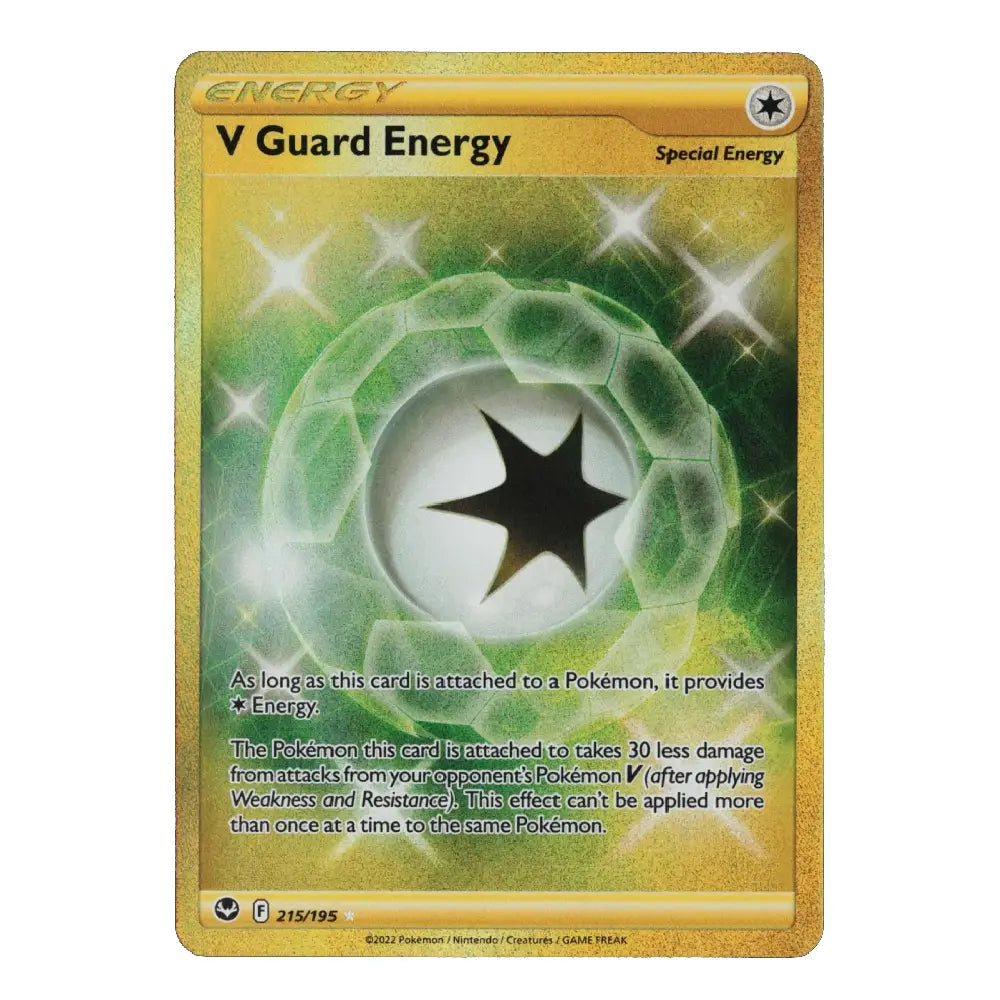 A holographic Pokémon trading card of 'V Guard Energy' from the Scarlet & Violet set, featuring a green energy swirl and star design on a gold border.
