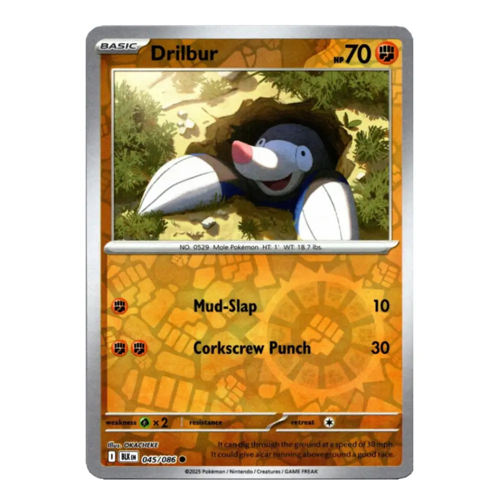 A single Pokémon trading card for Drilbur from the Basic set, shown against a plain white background. The card features Drilbur peeking out of a hole, with orange-brown geometric card art and a silver border.