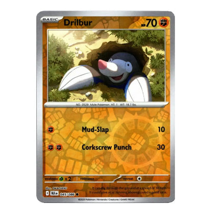 A single Pokémon trading card for Drilbur from the Basic set, shown against a plain white background. The card features Drilbur peeking out of a hole, with orange-brown geometric card art and a silver border.