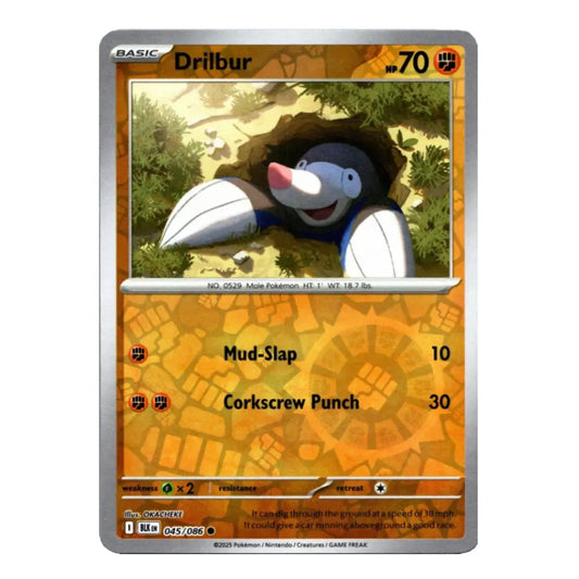 A single Pokémon trading card for Drilbur from the Basic set, shown against a plain white background. The card features Drilbur peeking out of a hole, with orange-brown geometric card art and a silver border.