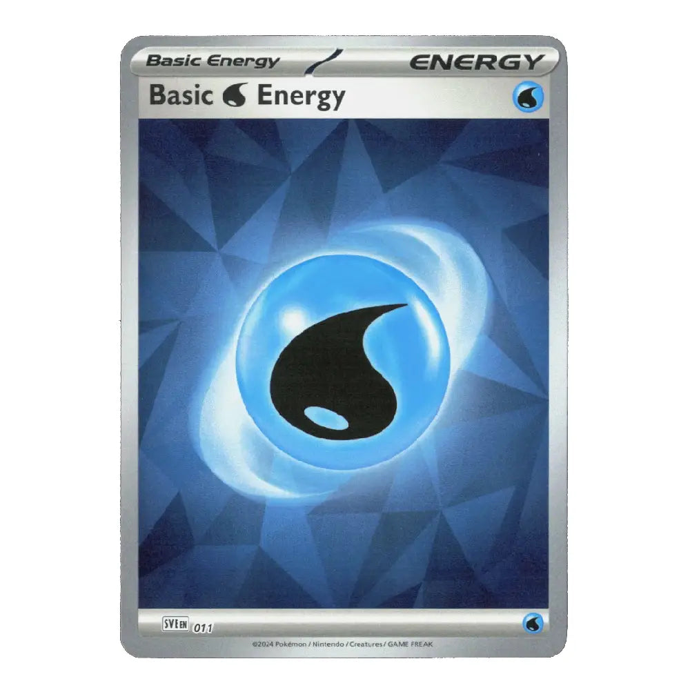A single Pokémon trading card reading 'Basic Energy' with a blue energy symbol on a dark blue geometric background, shown against a plain white backdrop.