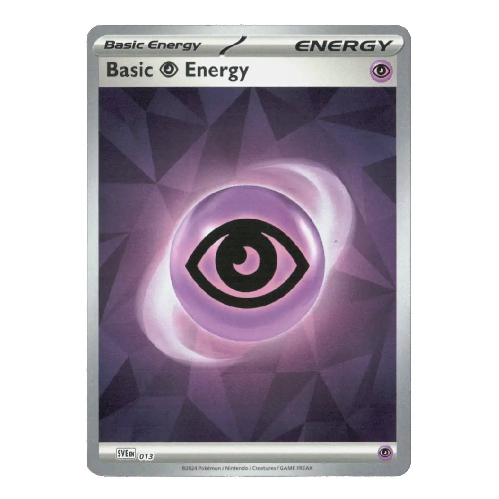 A Pokémon TCG Basic Energy card from the 2024 TCG Reveal, featuring a purple and black eye graphic on a dark geometric background with a silver border.
