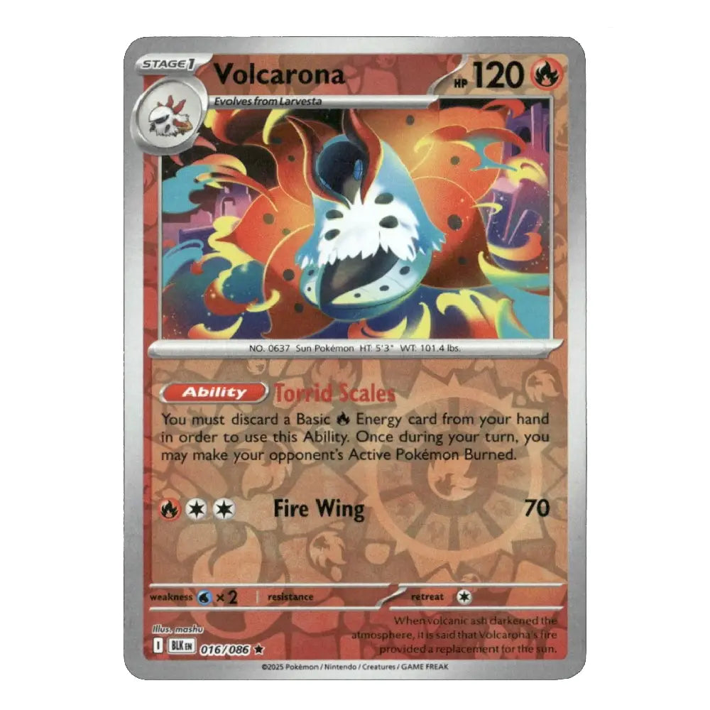 A single Pokémon trading card for Volcarona, shown flat against a plain white background. The card has a silver border and features colorful artwork of the character with fiery orange, red, and blue tones.