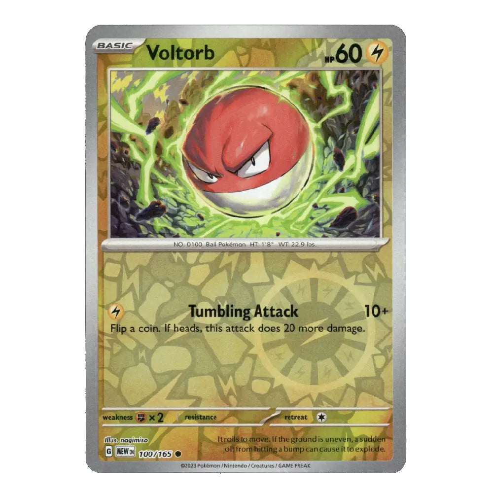 A single Pokémon trading card for Voltorb from the Basic set, shown against a plain white background. The card features artwork of a red-and-white ball surrounded by green energy, with the text 'Voltorb' and 'Tumbling Attack' visible.