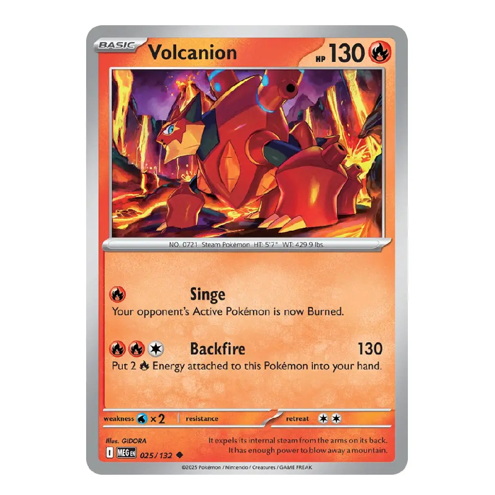 A single Pokémon trading card for Volcanion from the 2024 Core Set, featuring artwork of the red fire-type Pokémon in a volcanic scene with orange and red tones, a silver border, and printed stats and text.