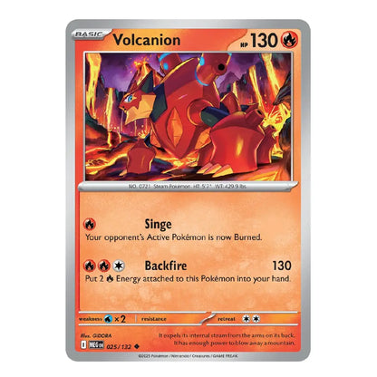 A single Pokémon trading card for Volcanion from the 2024 Core Set, featuring artwork of the red fire-type Pokémon in a volcanic scene with orange and red tones, a silver border, and printed stats and text.