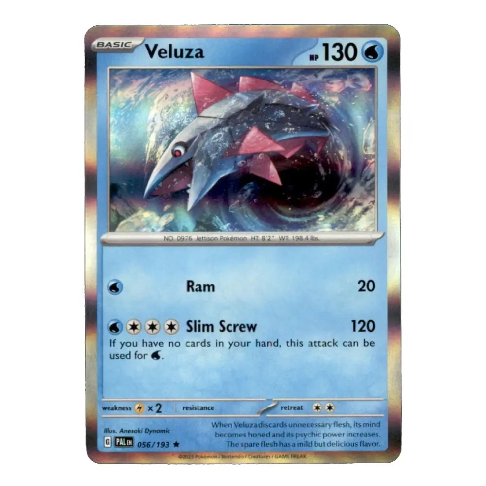 A single Pokémon trading card for Veluza from the Basic set, shown upright against a plain white background. The card features blue and silver artwork with a holographic foil border.