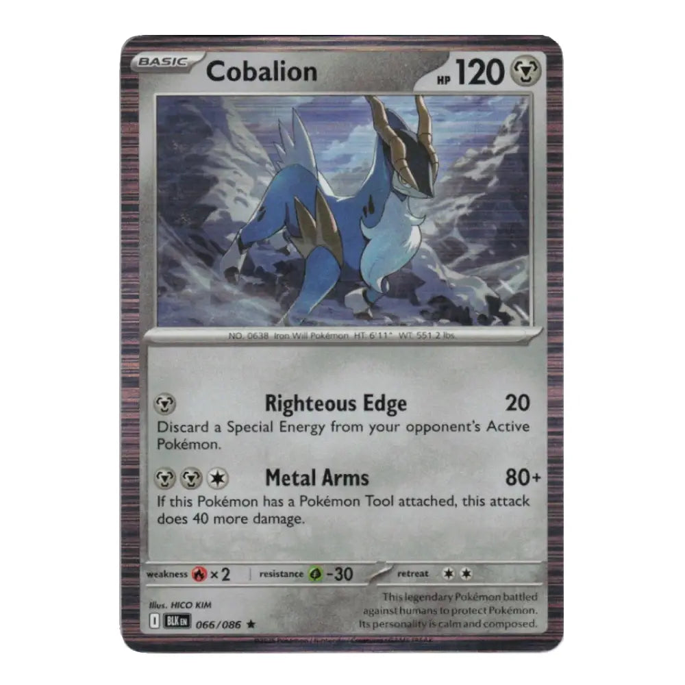 A single Pokémon trading card for Cobalion from the Basic set, shown against a plain white background. The card features artwork of a blue and gray dinosaur-like creature in a snowy landscape, with game text below.