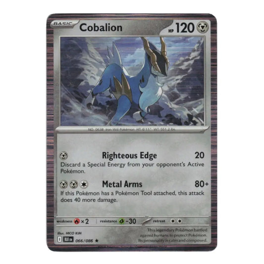A single Pokémon trading card for Cobalion from the Basic set, shown against a plain white background. The card features artwork of a blue and gray dinosaur-like creature in a snowy landscape, with game text below.