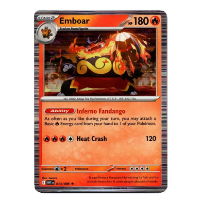 A single Pokémon trading card for Emboar, shown against a plain white background. The card features orange and red coloration with artwork of a fiery creature and text detailing its abilities and stats.