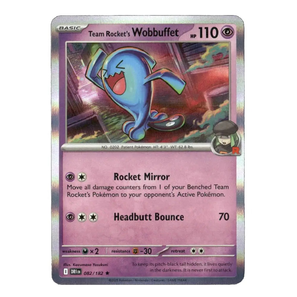 A single Pokémon trading card for Team Rocket's Wobbuffet, shown against a plain white background. The card has a silver holographic border and a pinkish-purple lower text area with the character artwork at the top.