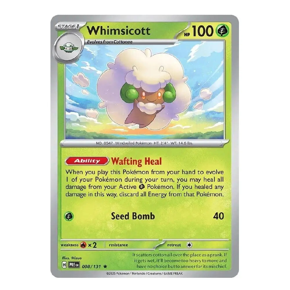A single Pokémon trading card for Whimsicott, a Stage 1 Grass-type creature. The card features a light green background with a silver border, showing the character illustration and the 'Wafting Heal' ability for 'Seed Bomb'.