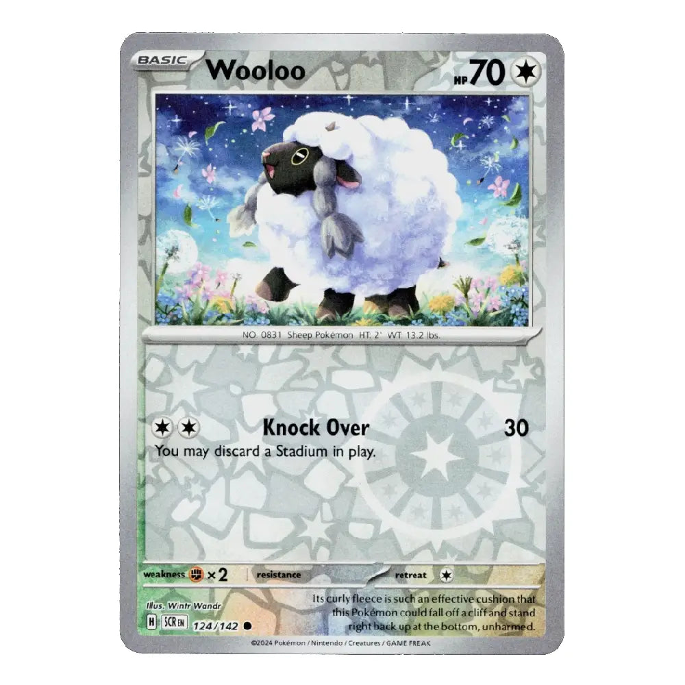 A single Pokémon trading card featuring Wooloo from the Silver Tempest expansion. The card has a silver border, a gray translucent patterned background, and an illustration of a fluffy white sheep with black ears and legs in a flower field.
