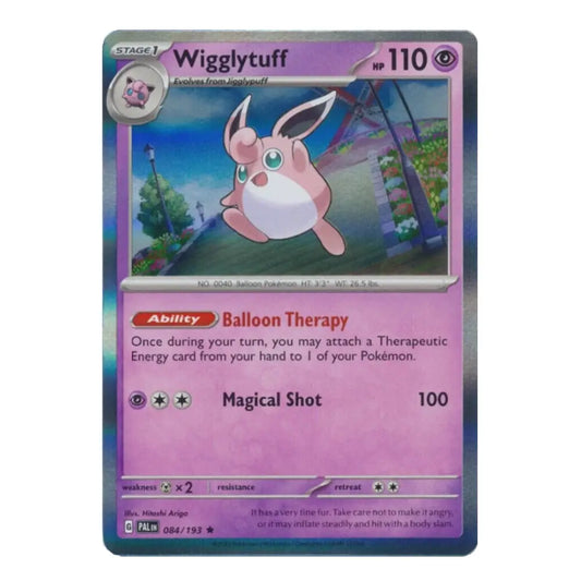A single Pokémon trading card featuring Wigglytuff, with a purple and pink card face, holographic blue-purple border, and the character artwork shown in the center.