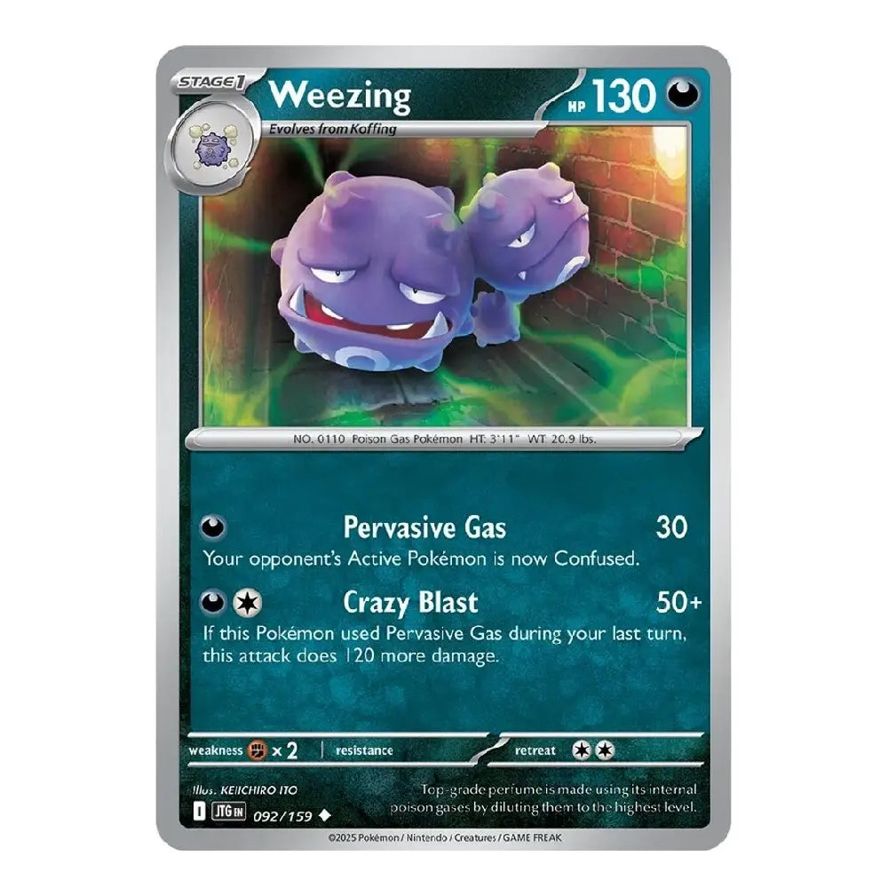 A single Pokémon trading card featuring Weezing, a Stage 1 Return Gas Pokémon. The card has a dark teal-blue text box, a silver border, and artwork of two purple Weezing figures in the center.