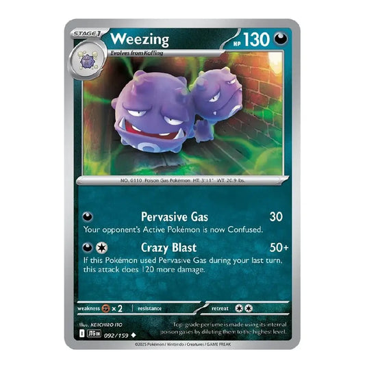 A single Pokémon trading card featuring Weezing, a Stage 1 Return Gas Pokémon. The card has a dark teal-blue text box, a silver border, and artwork of two purple Weezing figures in the center.