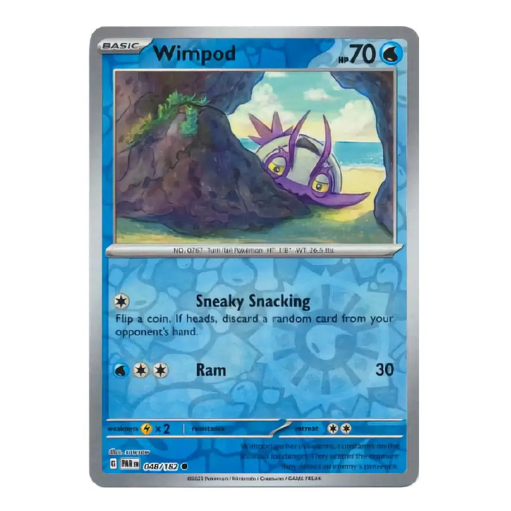 A single Pokémon trading card for Wimpod from the Basic set, shown against a plain white background. The card has a blue water-themed design with a central illustration of the purple creature in a cave and text detailing its 'Sneaky Snacking' ability and attack 'Ram'.