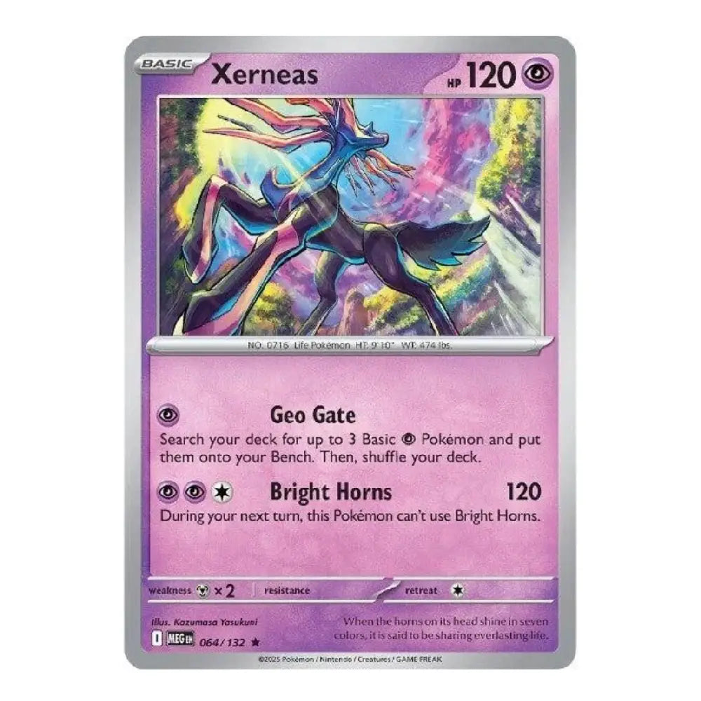 A single Pokémon trading card for Xerneas from the Basic Set, featuring a colorful holographic illustration of the character and pink-purple card text boxes on a white background.