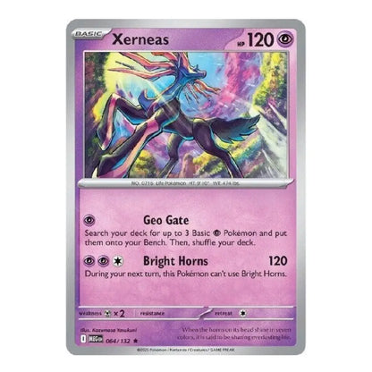 A single Pokémon trading card for Xerneas from the Basic Set, featuring a colorful holographic illustration of the character and pink-purple card text boxes on a white background.
