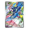 A holographic Pokémon trading card featuring the character Popplio from the Basic set. The card has a silver border and displays a colorful, reflective background with a yellow Pikachu in the lower right corner.