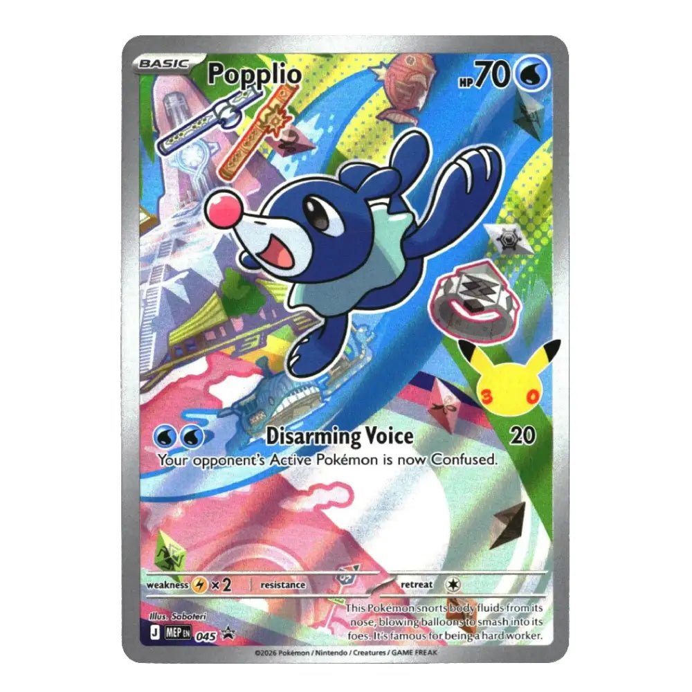 A holographic Pokémon trading card featuring the character Popplio from the Basic set. The card has a silver border and displays a colorful, reflective background with a yellow Pikachu in the lower right corner.