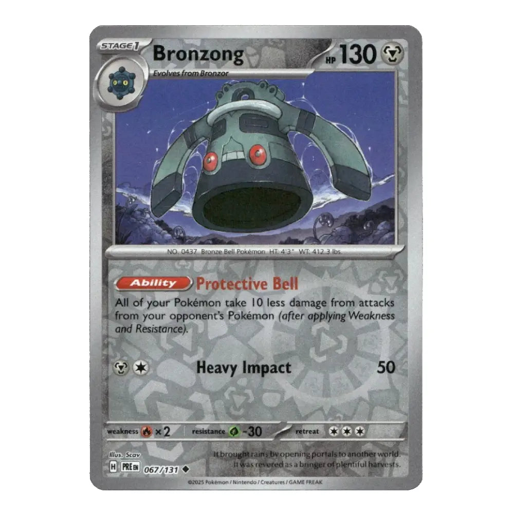 A single Pokémon trading card for Bronzong, shown against a plain white background. The card has a metallic silver border, a central illustration of the Bronzong character, and printed game text including 'Stage 1', 'hp 130', 'Ability Protective Bell', and 'Heavy Impact 50'.