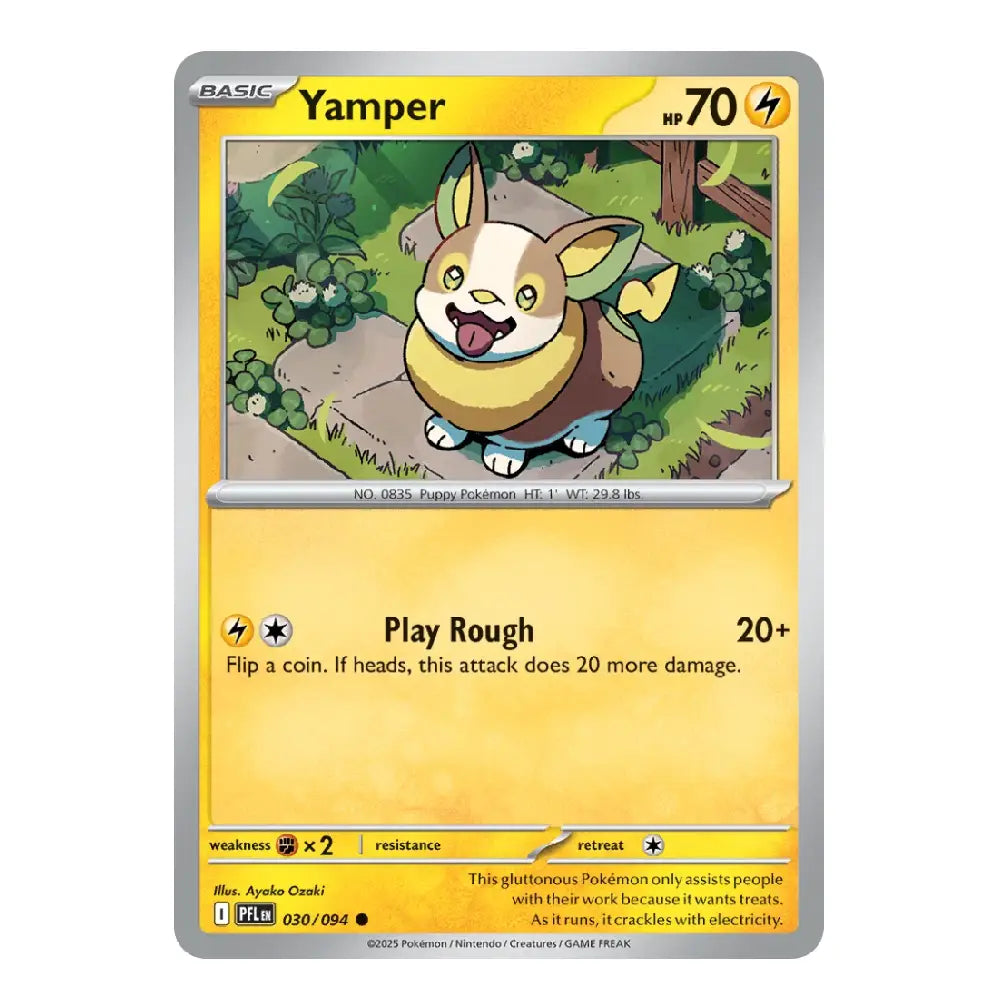 A single Pokémon trading card for Yamper from the Basic set, featuring a yellow and silver card design with artwork of a small cream and green creature.